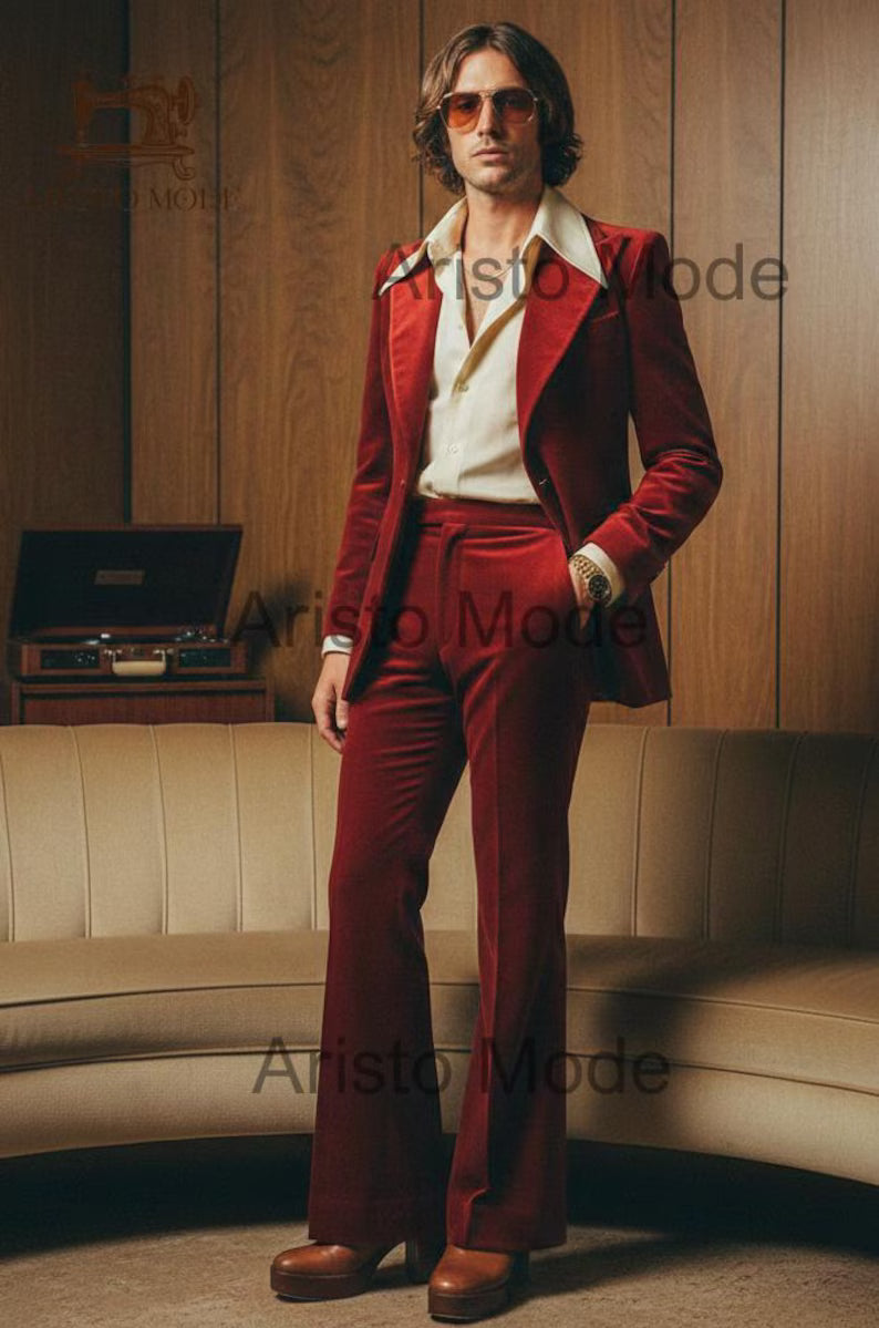 Wine Red Velvet 70s Suit for Men