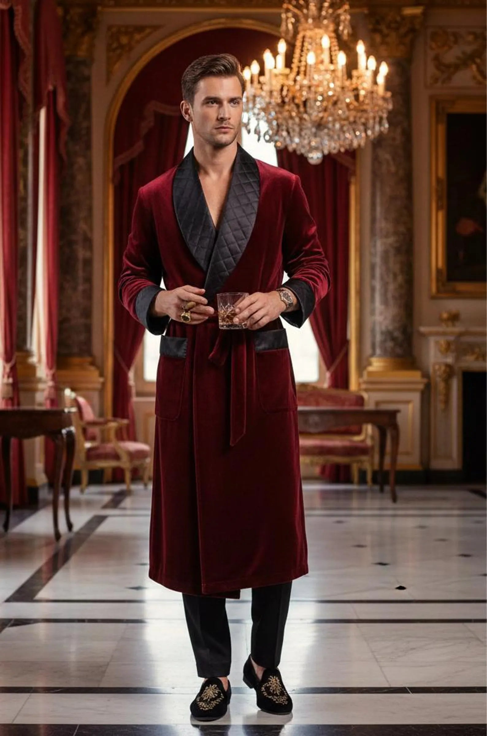 Men’s Burgundy Velvet Smoking Robe