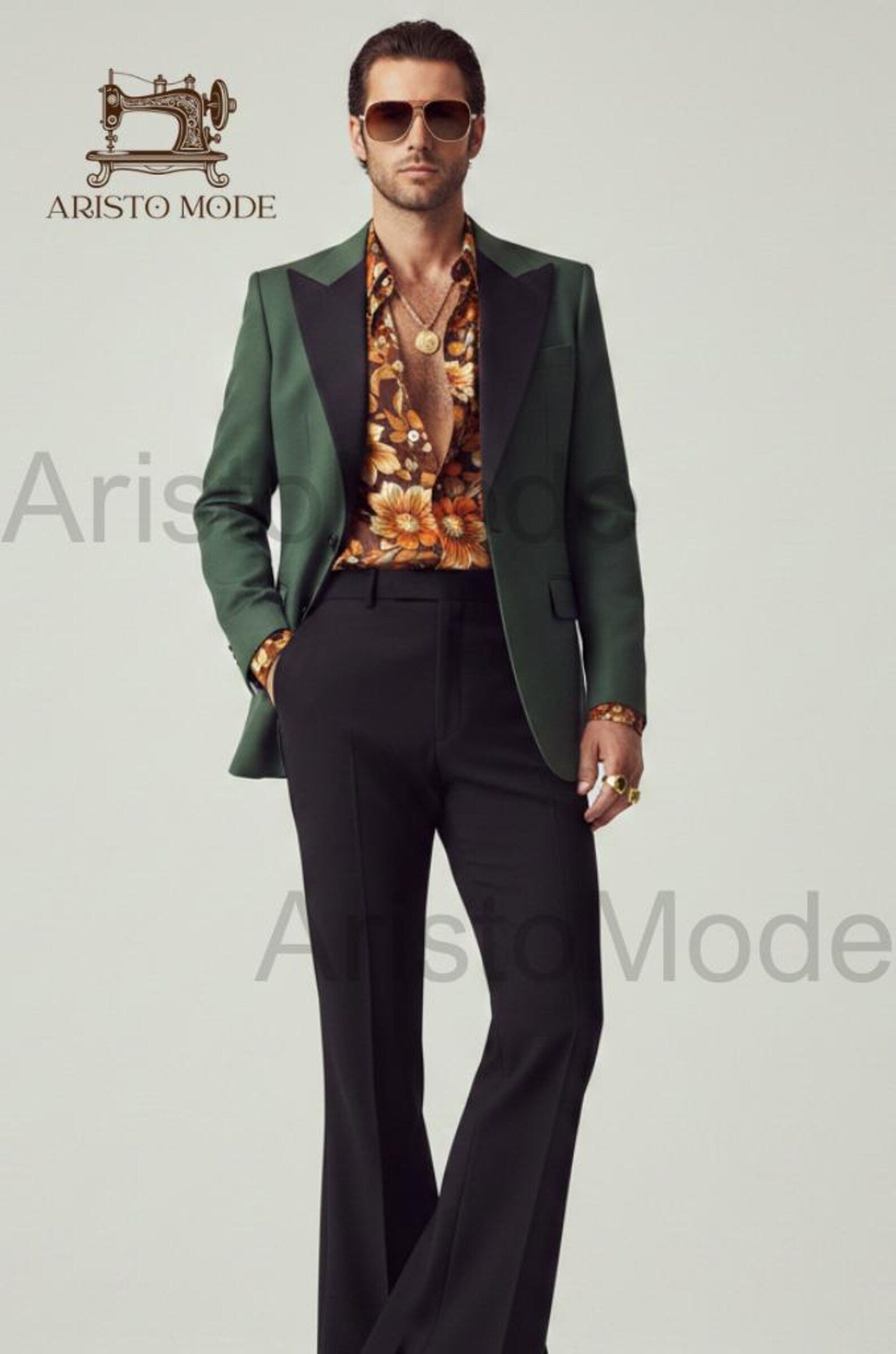 70s Green Tuxedo for Men, Retro Disco Suit