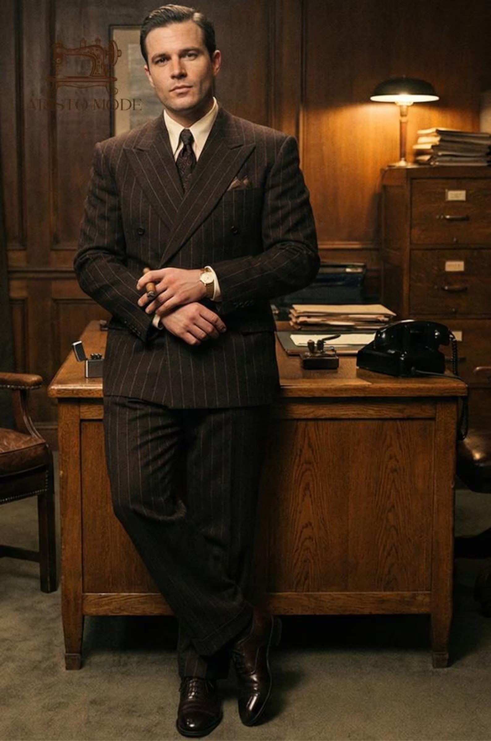 Vintage Dark Brown Pinstripe Double-Breasted Wool Suit