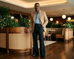 70s Vintage Mens Suit, Tan Brown Blazer & Black Flared Pants,