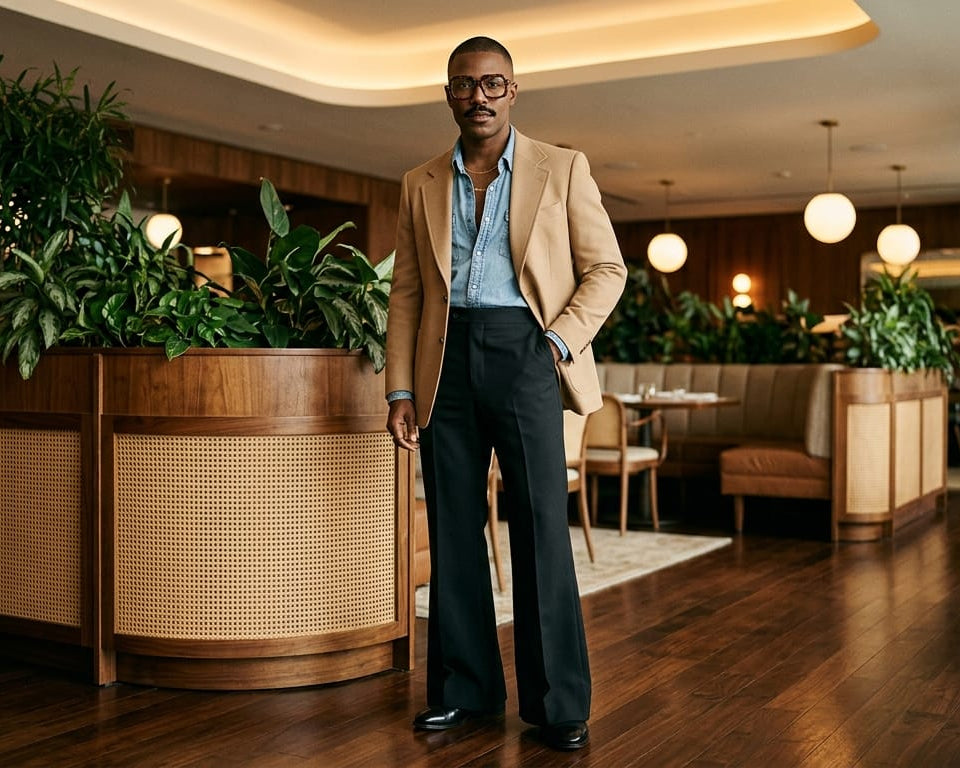 70s Vintage Mens Suit, Tan Brown Blazer & Black Flared Pants,