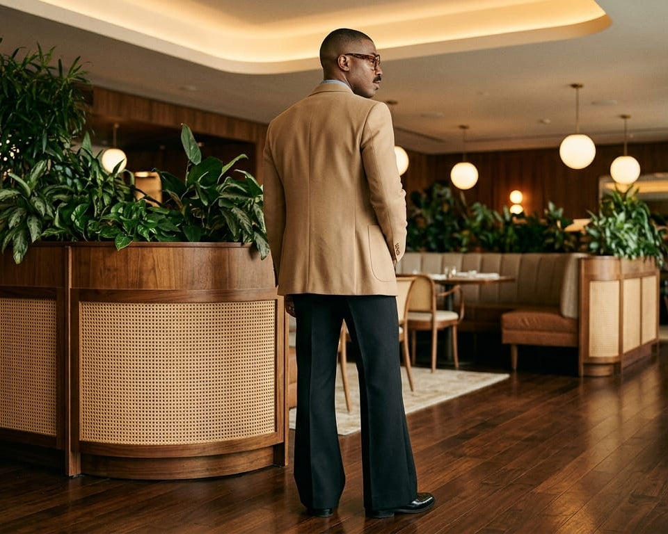 70s Vintage Mens Suit, Tan Brown Blazer & Black Flared Pants,