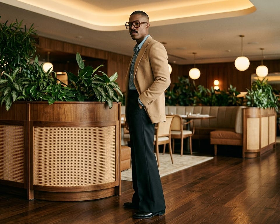 70s Vintage Mens Suit, Tan Brown Blazer & Black Flared Pants,